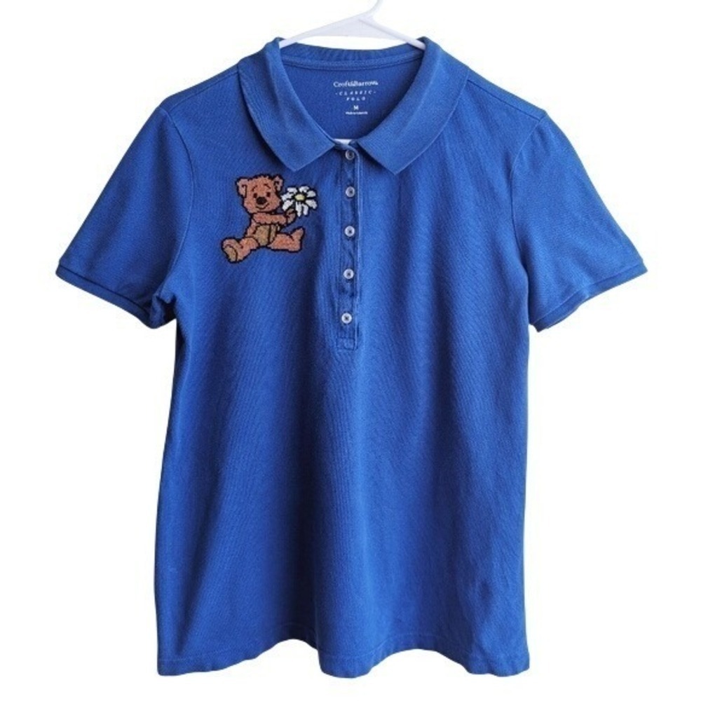 Croft & Barrow Y2K 90s Vibrant Blue Embroidered Teddy Bear Polo T-Shirt